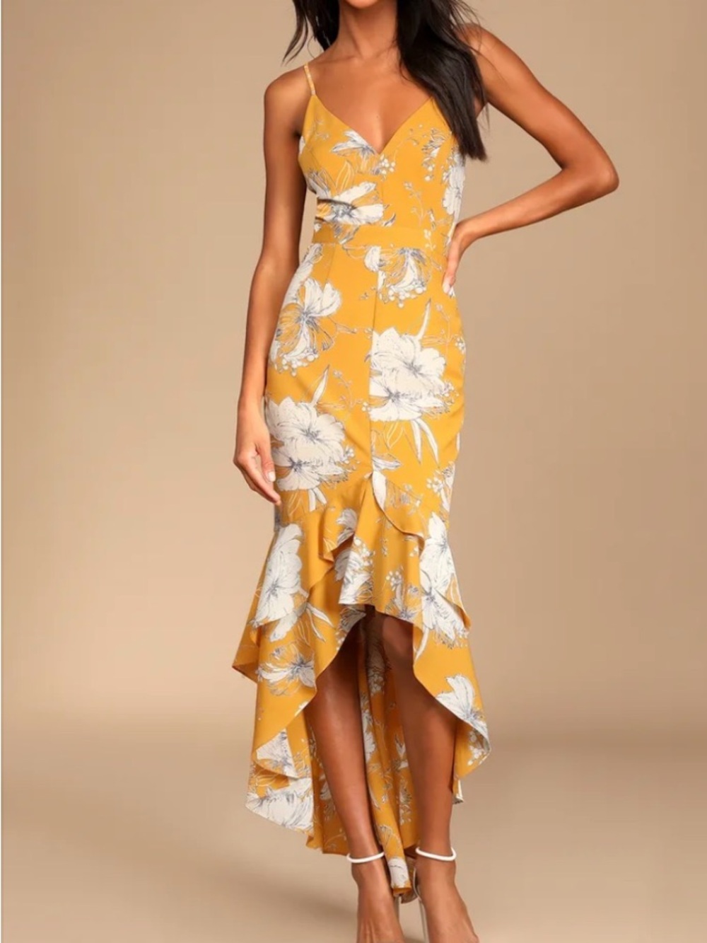 Lulu's Mustard Yellow Floral Wedding Guest Dress NWT